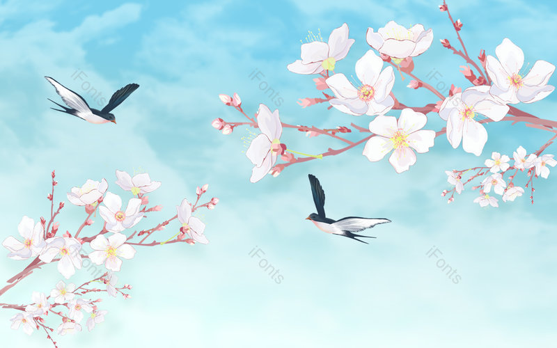 春季蓝天白云燕子桃花插画风格背景,插画/手绘图,插画/手绘图库,插画/手绘图下载,插画/手绘